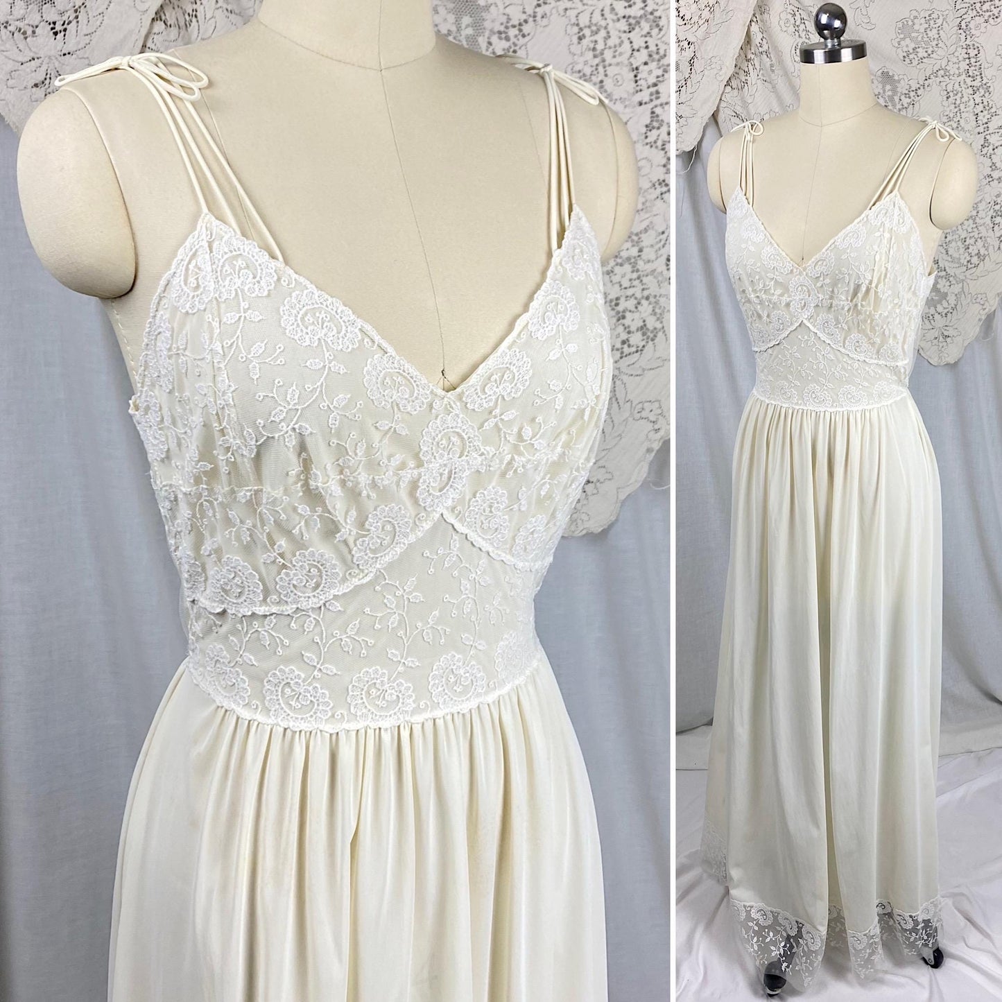 Vintage 1950's - 1960's Nightgown & Peignoir Set | Buttercream White Nylon with Floral Embroidery | Size S, M | By Carter's