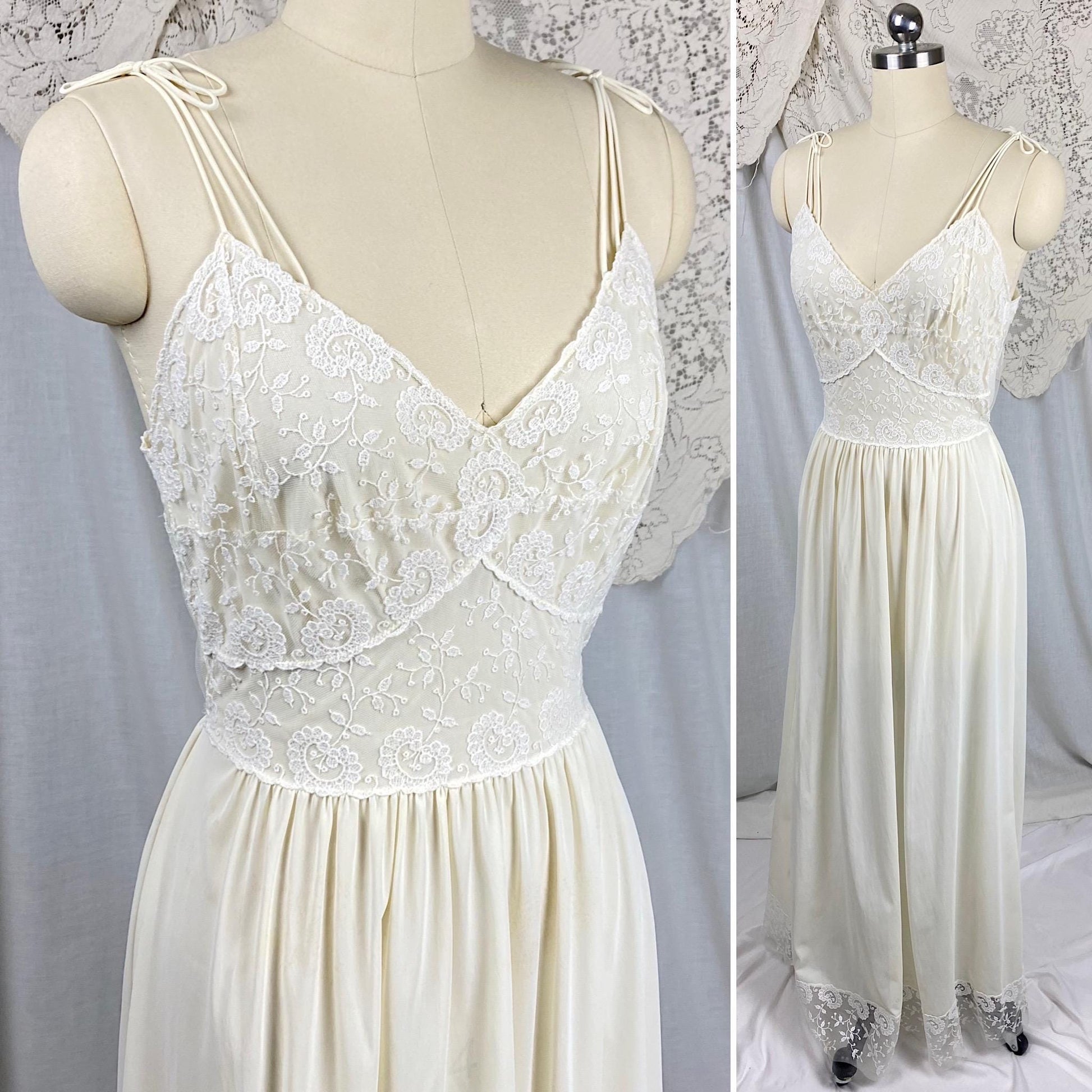 Vintage 1950's - 1960's Nightgown & Peignoir Set | Buttercream White Nylon with Floral Embroidery | Size S, M | By Carter's