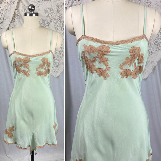 Vintage 1920's - 1930's Teddy Chemise | Mint Green Silk with Deep Nude Lace Appliqués | Size XS, S