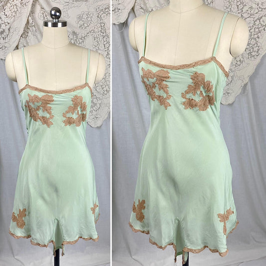 Vintage 1920's - 1930's Teddy Chemise | Mint Green Silk with Deep Nude Lace Appliqués | Size XS, S