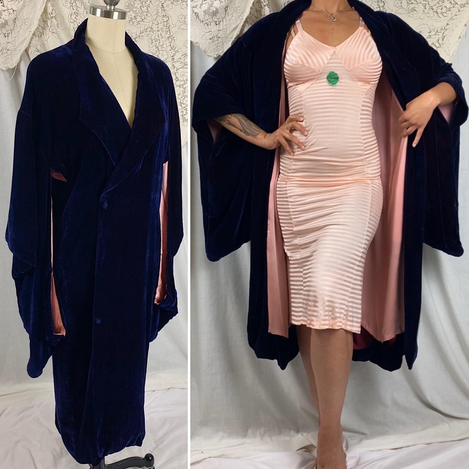 Vintage 1920's Kimono Robe | Deep Indigo Blue Velvet with Rose Pink Silk Lining | Size Free