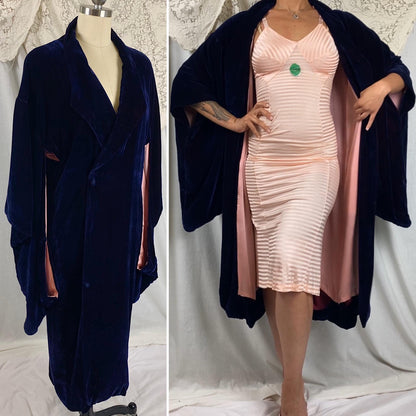 Vintage 1920's Kimono Robe | Deep Indigo Blue Velvet with Rose Pink Silk Lining | Size Free
