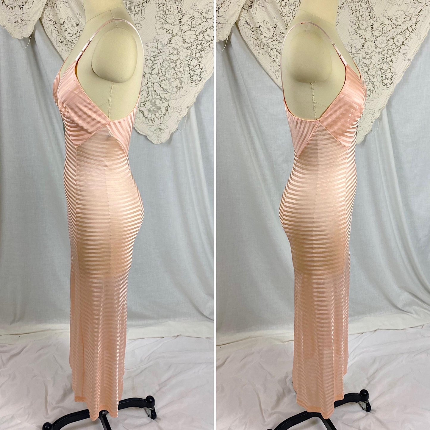 Vintage 1940's Slip | Semi-Sheer Bubblegum Pink Striped Rayon Knit | Size XS | By Lorraine - Never Worn