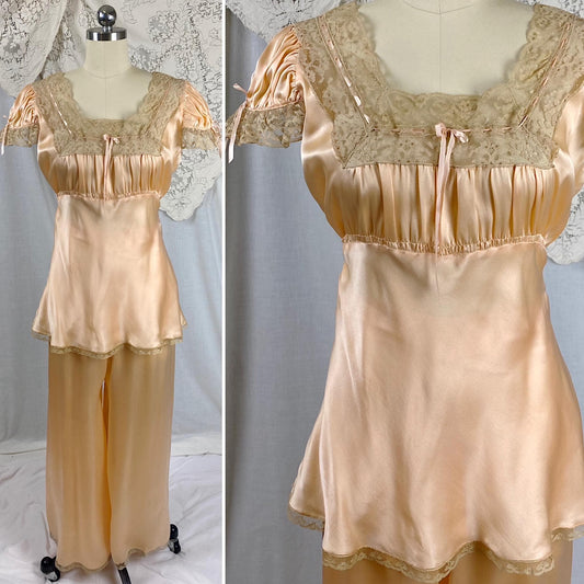 Vintage 1930's Pajama Set | Rose Gold Silk Satin with Deep Nude Lace | Size M, LG | Unworn with Tags