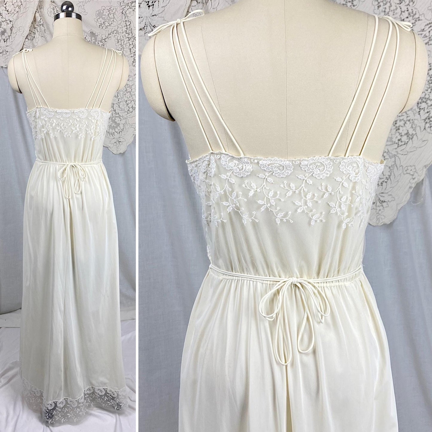 Vintage 1950's - 1960's Nightgown & Peignoir Set | Buttercream White Nylon with Floral Embroidery | Size S, M | By Carter's