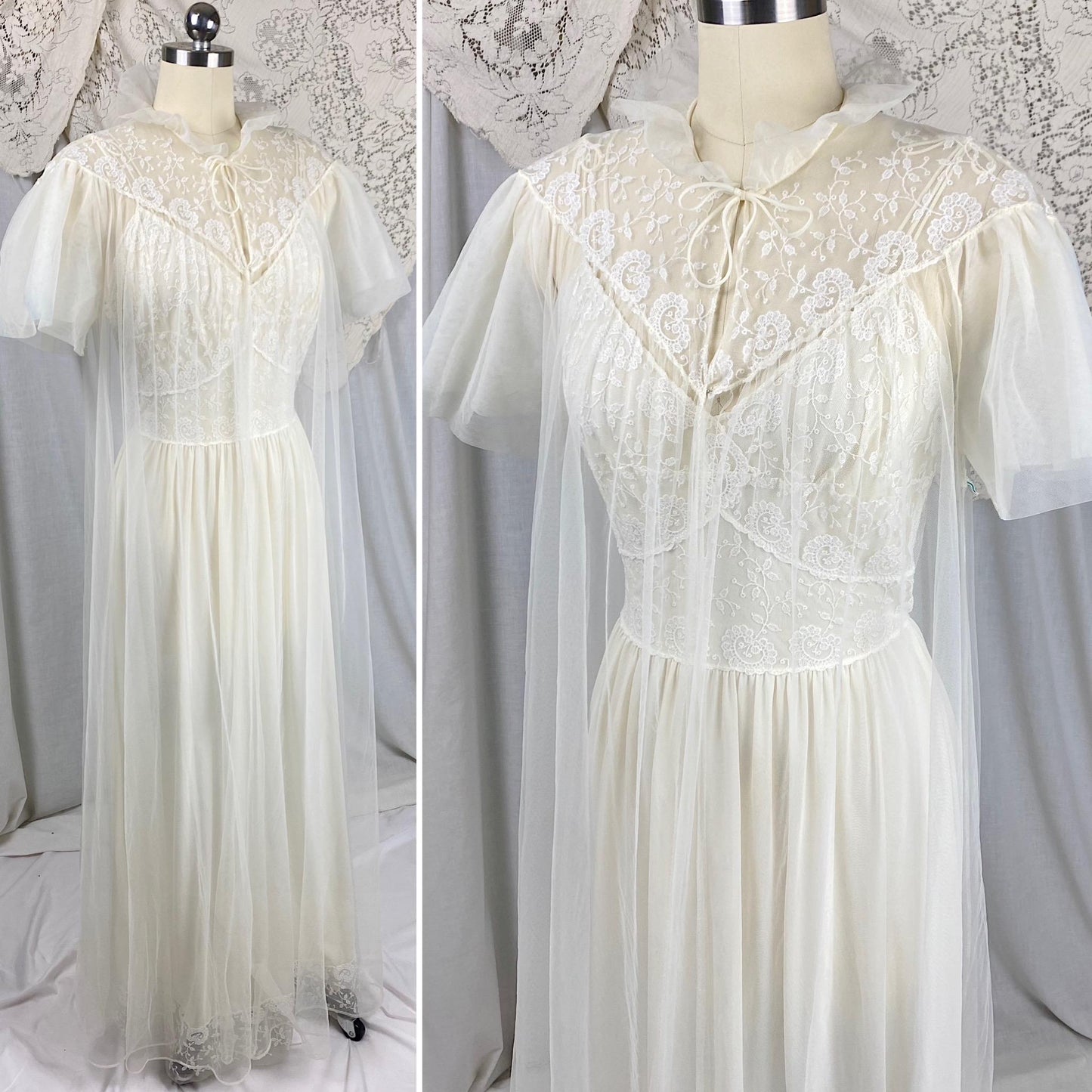 Vintage 1950's - 1960's Nightgown & Peignoir Set | Buttercream White Nylon with Floral Embroidery | Size S, M | By Carter's