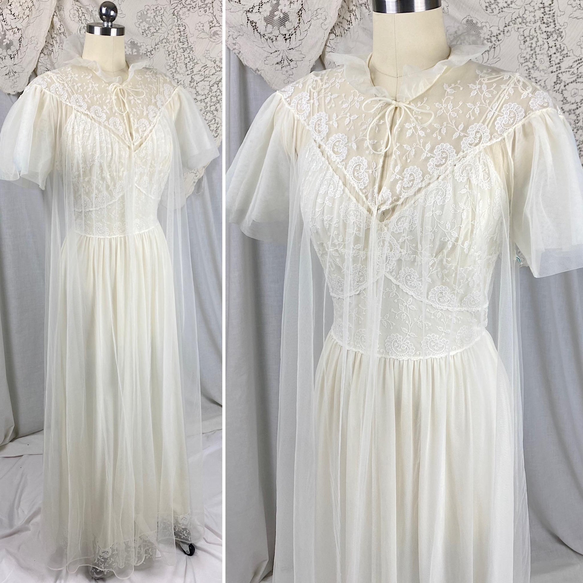 Vintage 1950's - 1960's Nightgown & Peignoir Set | Buttercream White Nylon with Floral Embroidery | Size S, M | By Carter's