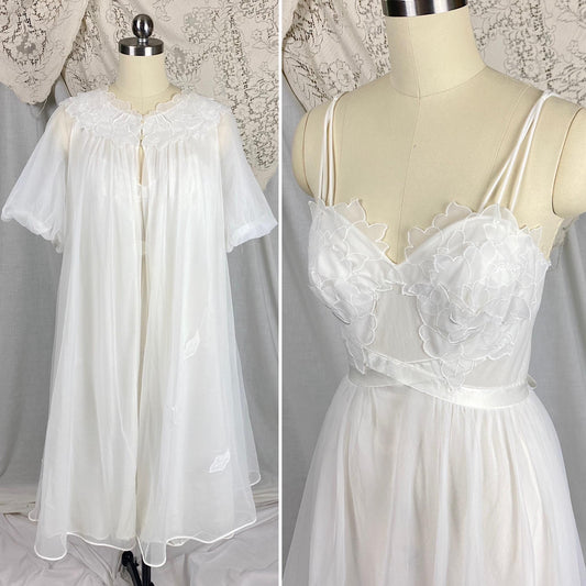 Vintage 1950's - 1960's Nightgown & Peignoir Set | Snow White Nylon Chiffon with Flower Petal Appliques | Size XS | By Laros