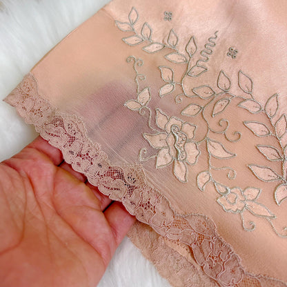 Vintage 1930's Tap Pants - Pale Peach Silk Satin with Sheer Chiffon Inserts & Silver Threaded Floral Embroidery - Size S, M