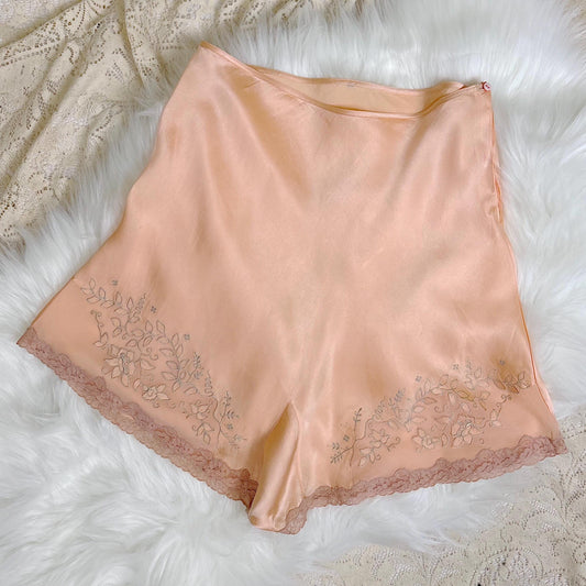 Vintage 1930's Tap Pants - Pale Peach Silk Satin with Sheer Chiffon Inserts & Silver Threaded Floral Embroidery - Size S, M