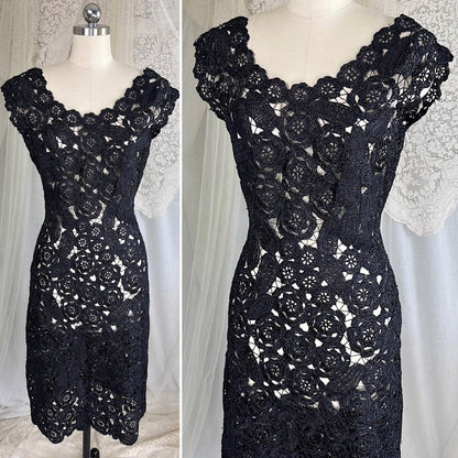 Vintage 1950's Black Raffia Lace Wiggle Dress, size M - Daggers & Dames