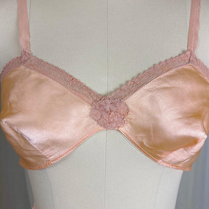 Vintage 1930's Warm Peach Silk Satin Bralette & Tap Pants Lingerie Set - Size S, M - Daggers & Dames