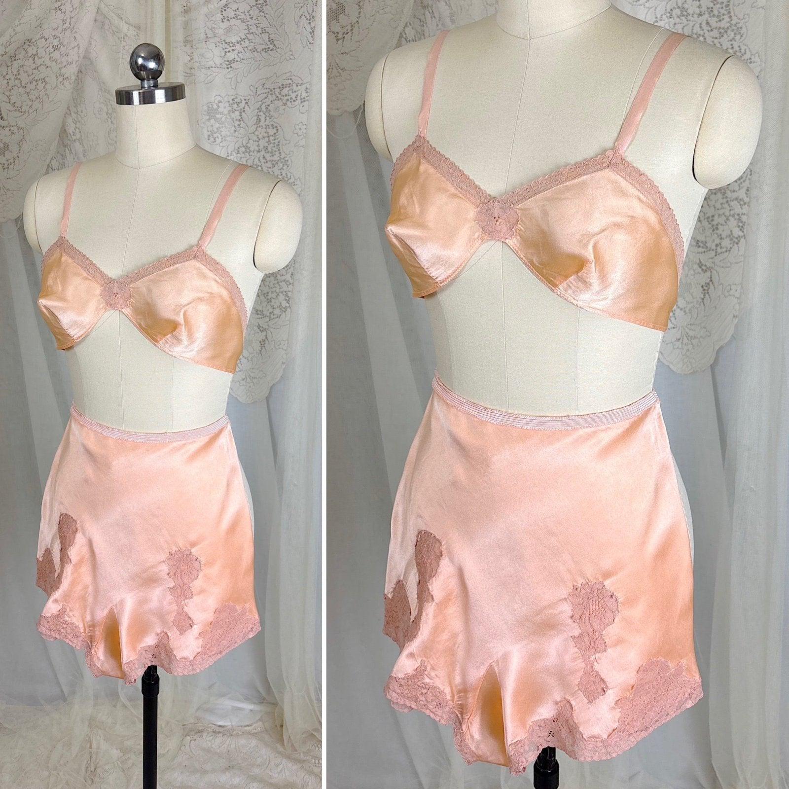 Vintage 1930's Warm Peach Silk Satin Bralette & Tap Pants Lingerie Set - Size S, M - Daggers & Dames