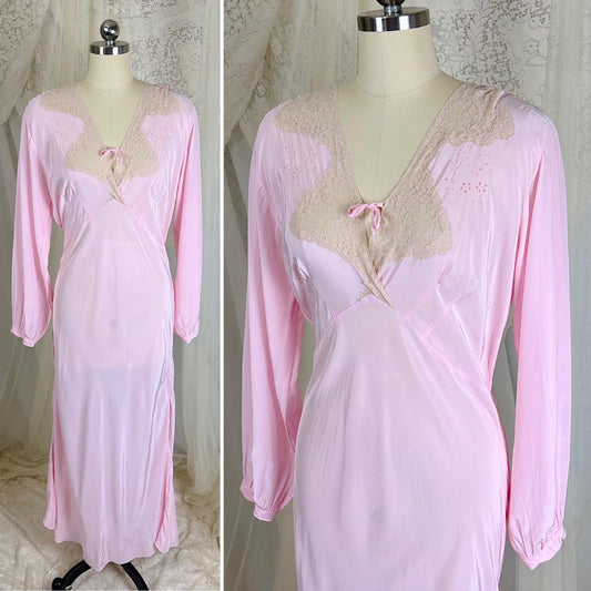 Vintage 1940's Long Sleeved Nightgown - Rich Rose Pink Rayon Crepe with Ivory Cotton Lace - Size S, M