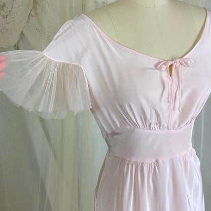Vintage 1940's Powder Pink Rayon Nightgown with Tulle - By Textron, Size S, M - Daggers & Dames