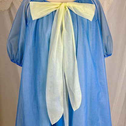 Vintage 1950's - 1960's Nightgown & Peignoir Set - Sheer Navy Blue and Custard Yellow Nylon Chiffon with Pussy Bow - By Pinehurst - Size M - Daggers & Dames