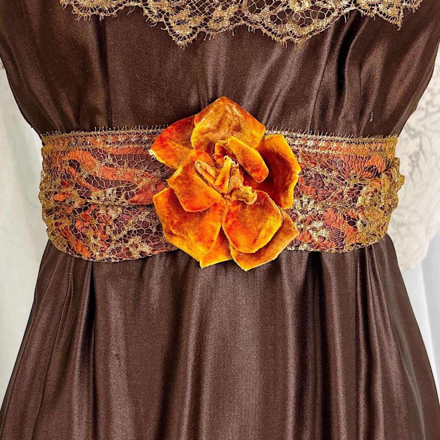 1910's Edwardian Evening Gown - Rich Mocha Brown Silk with Gold Metallic Lace & Velvet Flowers - Size XS - Daggers & Dames