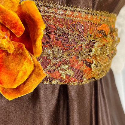 1910's Edwardian Evening Gown - Rich Mocha Brown Silk with Gold Metallic Lace & Velvet Flowers - Size XS - Daggers & Dames