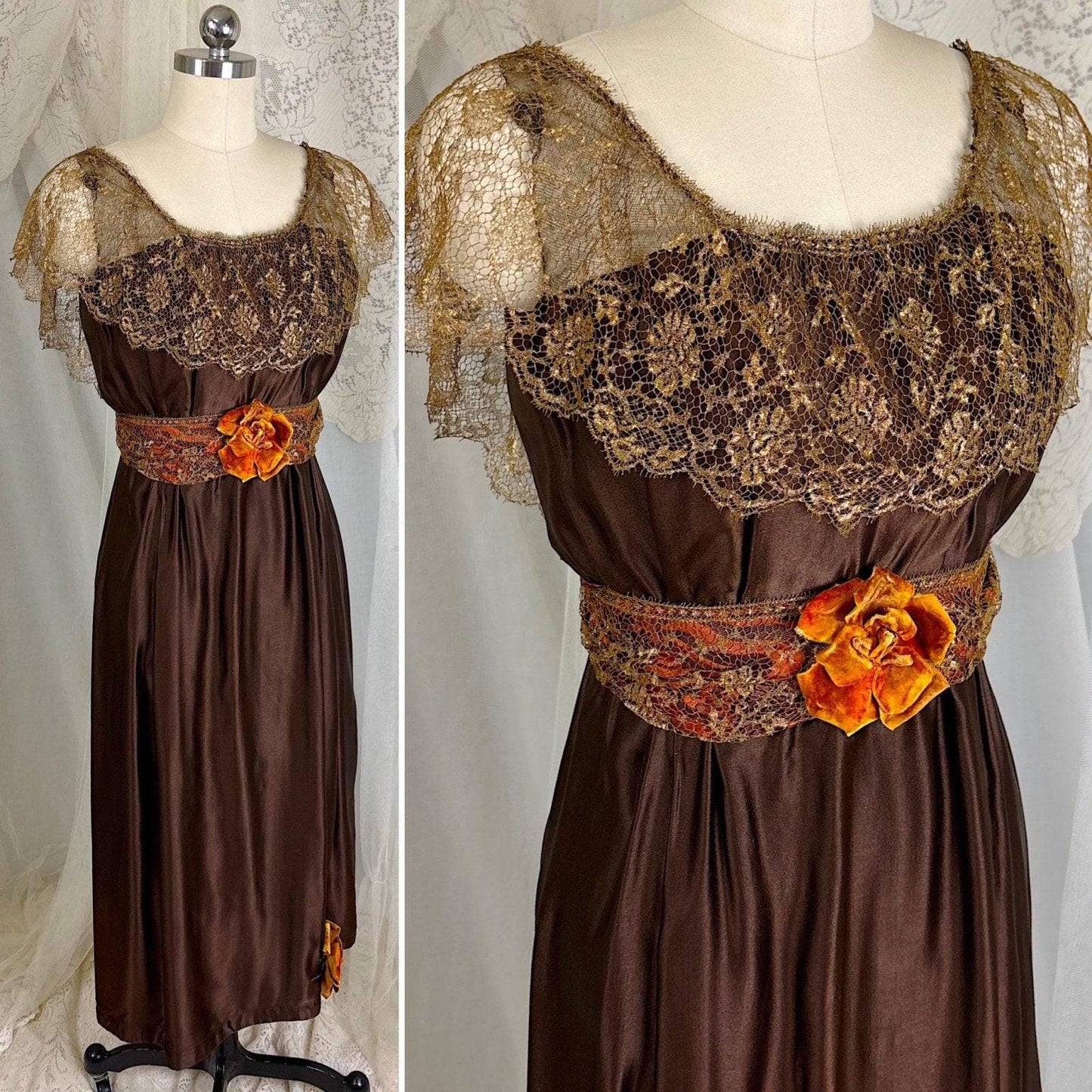 1910's Edwardian Evening Gown - Rich Mocha Brown Silk with Gold Metallic Lace & Velvet Flowers - Size XS - Daggers & Dames