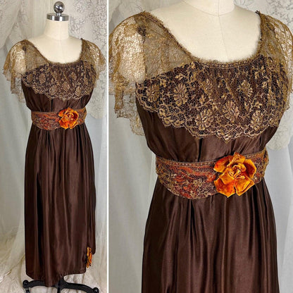 1910's Edwardian Evening Gown - Rich Mocha Brown Silk with Gold Metallic Lace & Velvet Flowers - Size XS - Daggers & Dames