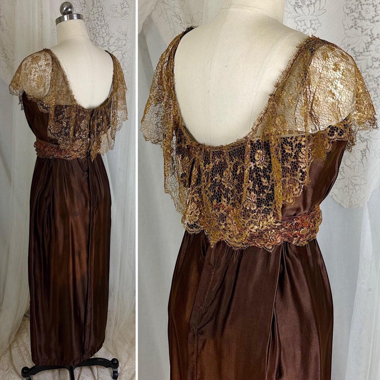 1910's Edwardian Evening Gown - Rich Mocha Brown Silk with Gold Metallic Lace & Velvet Flowers - Size XS - Daggers & Dames