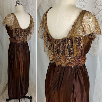 1910's Edwardian Evening Gown - Rich Mocha Brown Silk with Gold Metallic Lace & Velvet Flowers - Size XS - Daggers & Dames