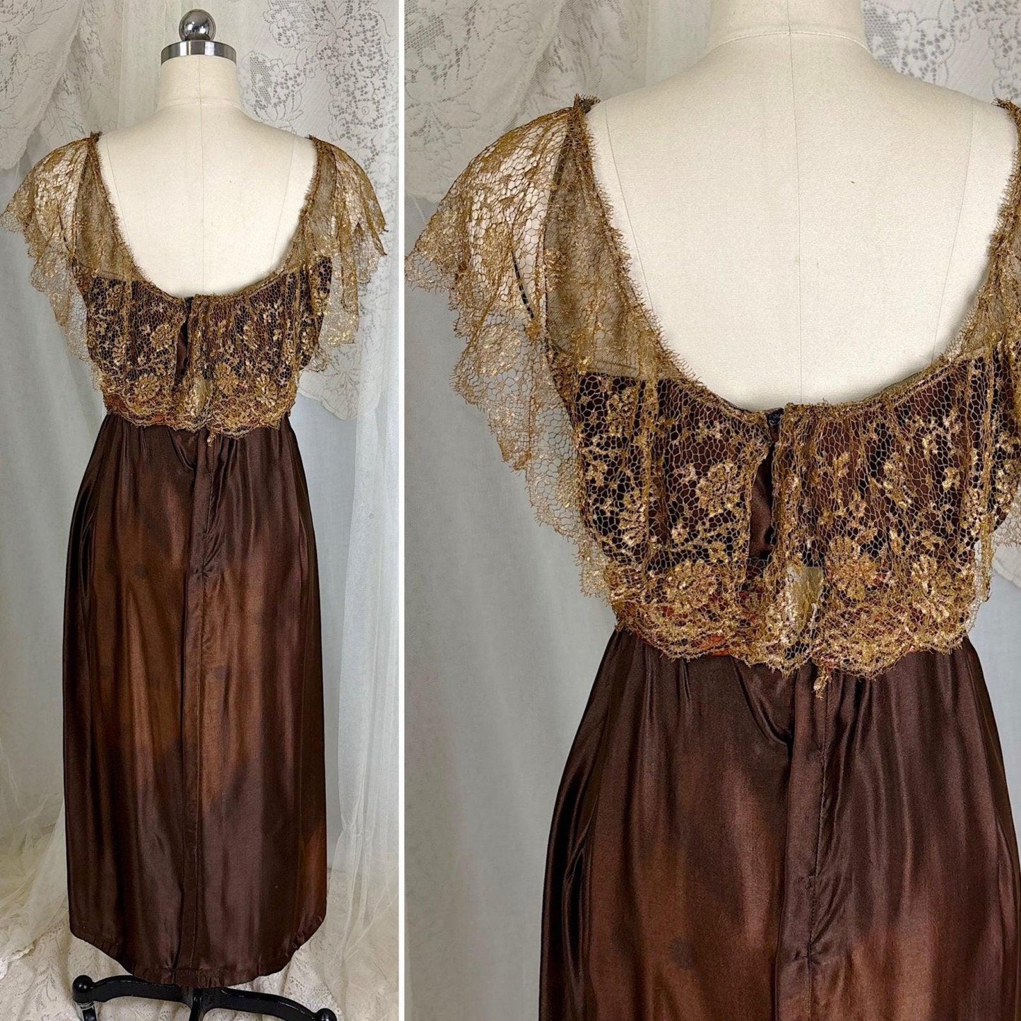 1910's Edwardian Evening Gown - Rich Mocha Brown Silk with Gold Metallic Lace & Velvet Flowers - Size XS - Daggers & Dames