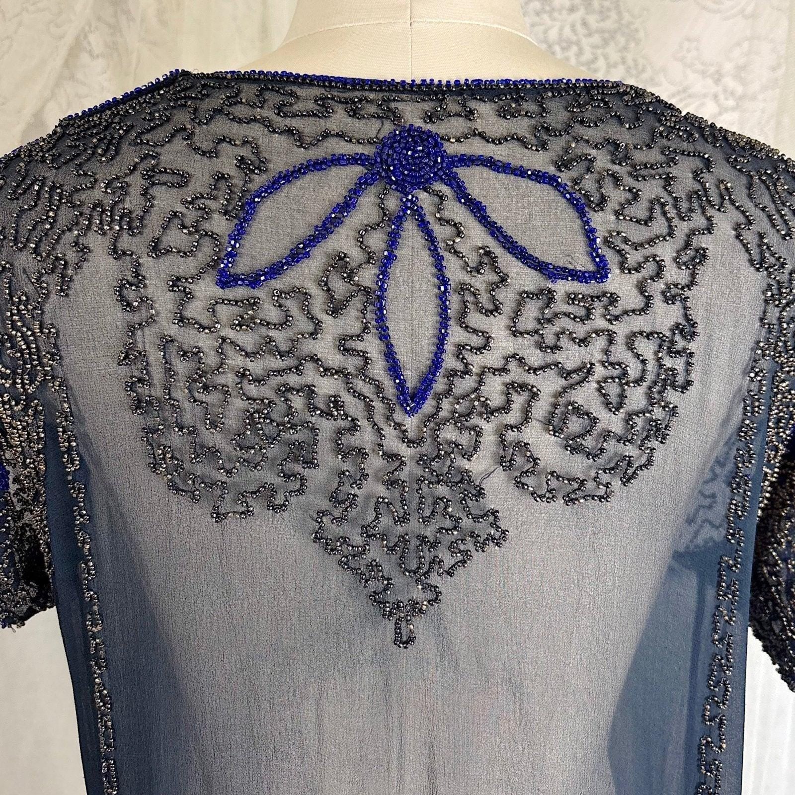 Vintage 1920's Dress - Sheer Black Silk Crepe with Heavy Glass Seed Beadwork & Split Sleeves - Size XS - Daggers & Dames