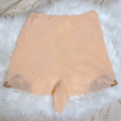 Vintage 1930's Tap Pants - Light Peach Semi Sheer Silk with Deep Mocha Lace Appliques - Size S, M - By Yolande - Daggers & Dames