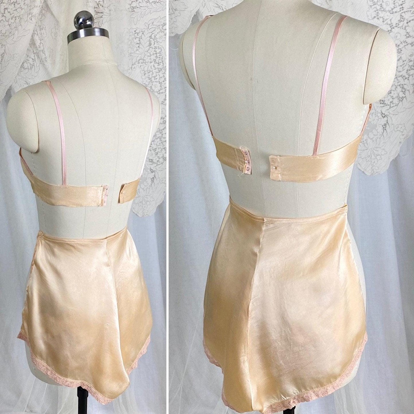 Vintage 1930's Bralette & Tap Pants Set | Rich Golden Champagne Silk with Warm Nude Lace | Size XS, S | By Neiman Marcus - Daggers & Dames