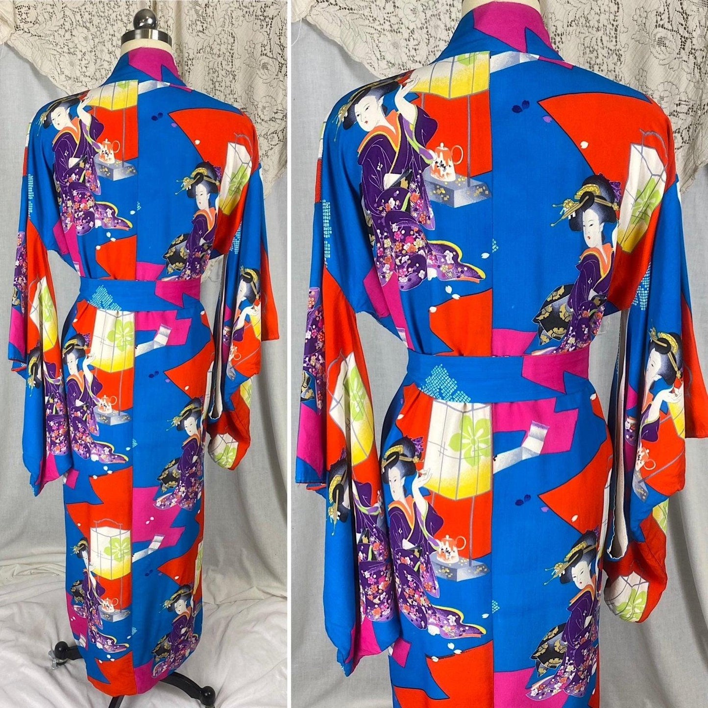 Vintage 1930's - 1940's Japanese Kimono Robe | Bold Art Deco Geisha Wood Block Print Silk with Tassled Sash Tie | Size Free | Hand Stitched - Daggers & Dames
