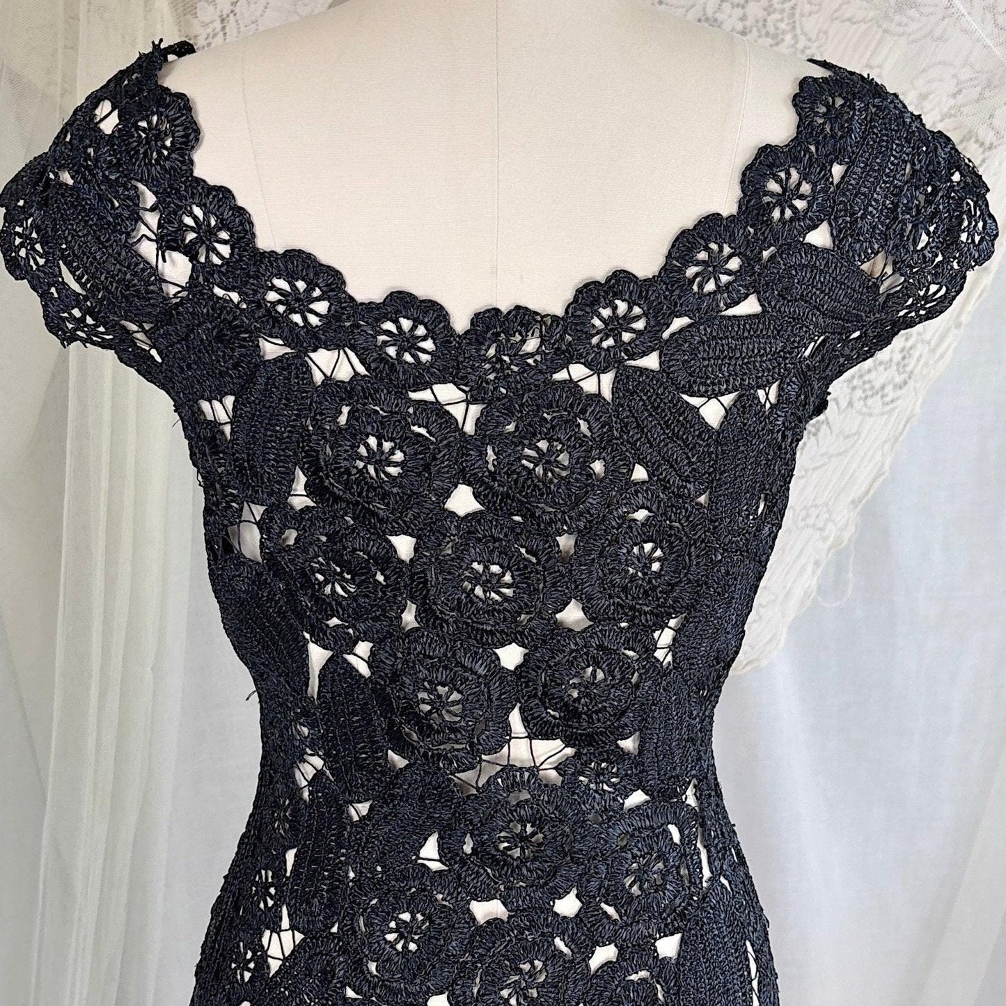 Vintage 1950's Black Raffia Lace Wiggle Dress, size M - Daggers & Dames