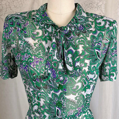 Vintage 1940's Sheer White Rayon Shirtwaist Dress with Bold Green & Purple Paisley Print - Rare Plastic Zipper - Size XS, S - Daggers & Dames