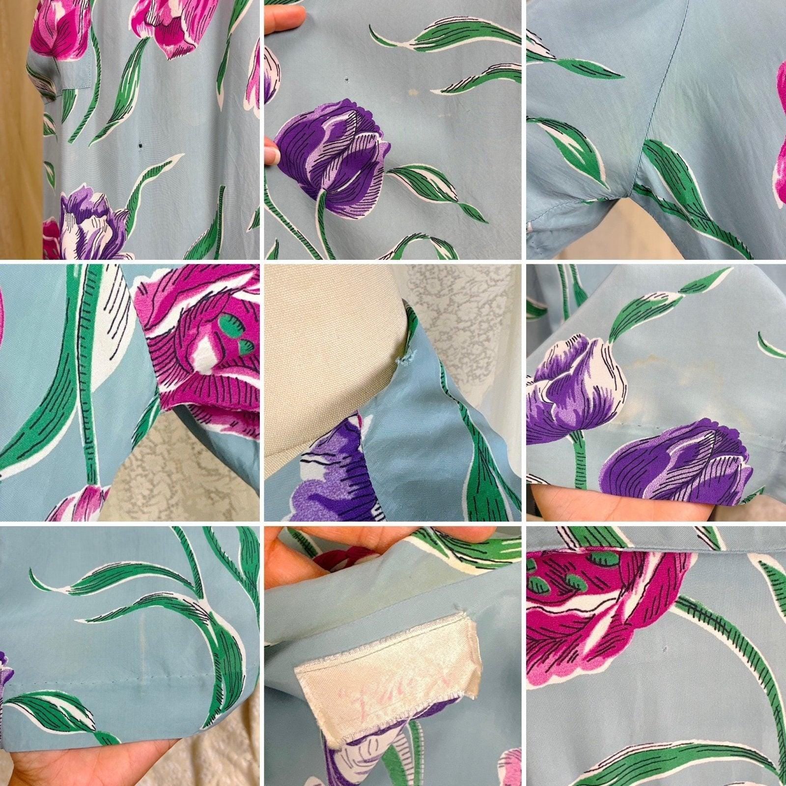Vintage 1940's Sky Blue Rayon Dressing Gown with Bold Tulip Print - By Vali Fashion, Size S, M - Daggers & Dames