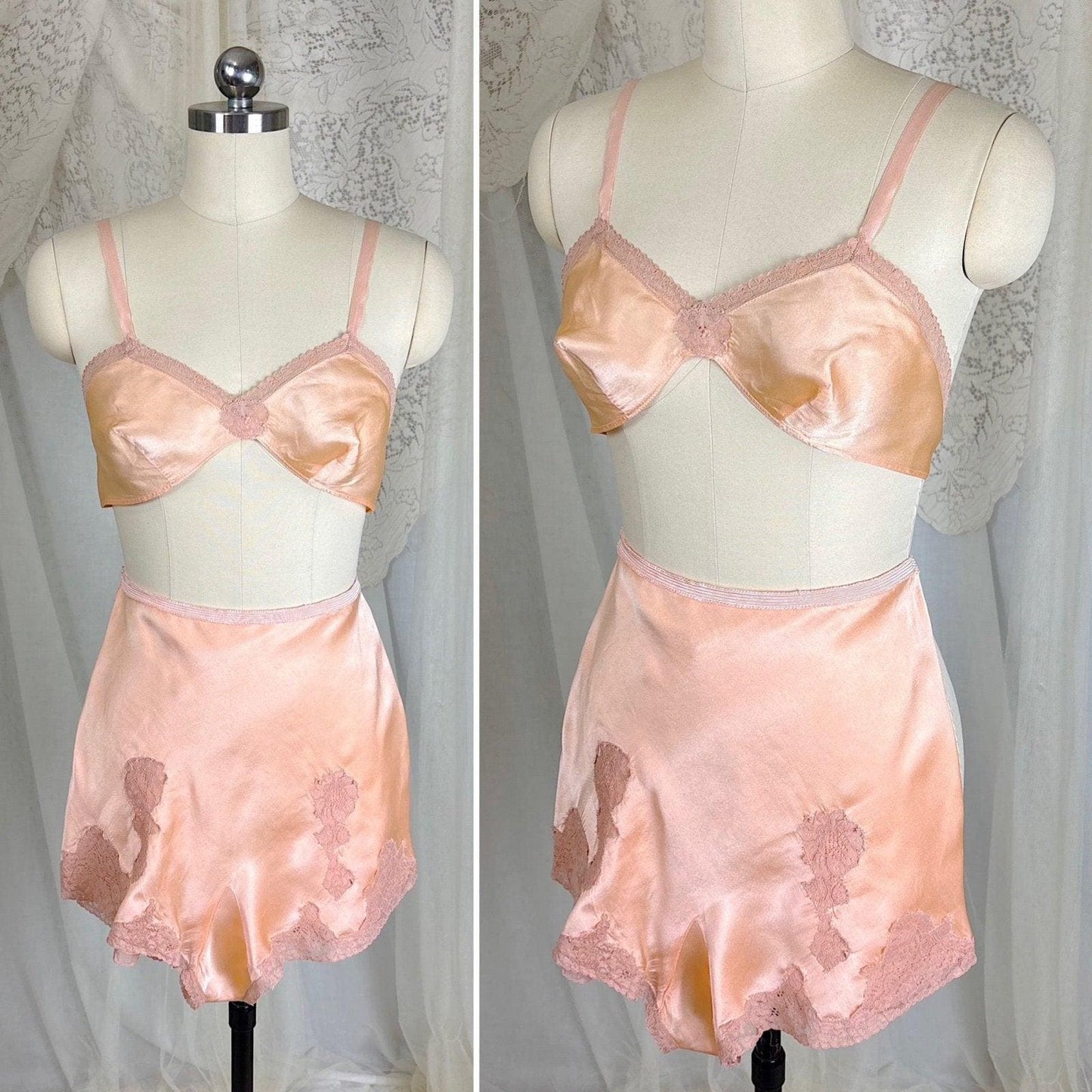 Vintage 1930's Warm Peach Silk Satin Bralette & Tap Pants Lingerie Set - Size S, M - Daggers & Dames