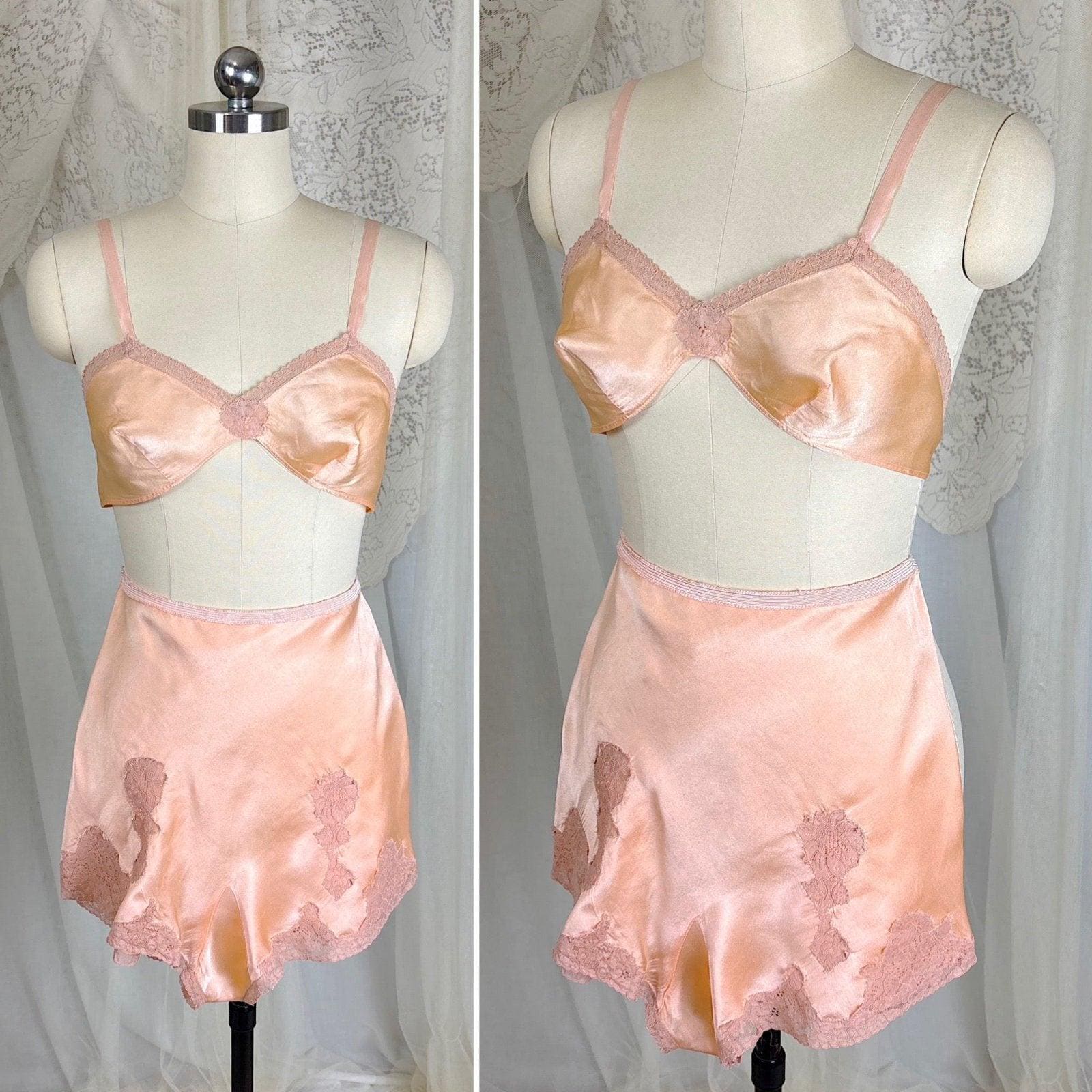 Vintage 1930's Warm Peach Silk Satin Bralette & Tap Pants Lingerie Set - Size S, M - Daggers & Dames