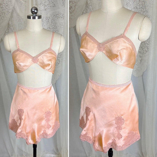 Vintage 1930's Warm Peach Silk Satin Bralette & Tap Pants Lingerie Set - Size S, M - Daggers & Dames