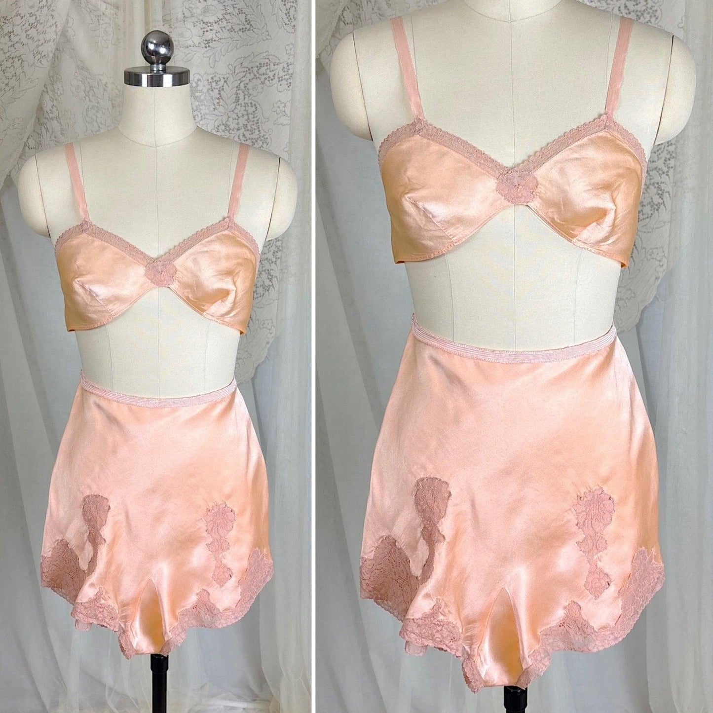 Vintage 1930's Warm Peach Silk Satin Bralette & Tap Pants Lingerie Set - Size S, M - Daggers & Dames