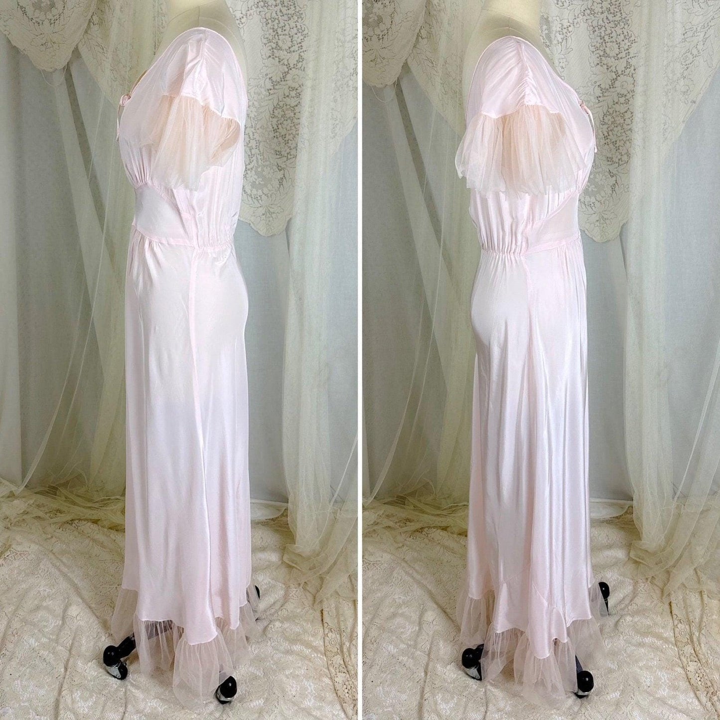 Vintage 1940's Powder Pink Rayon Nightgown with Tulle - By Textron, Size S, M - Daggers & Dames