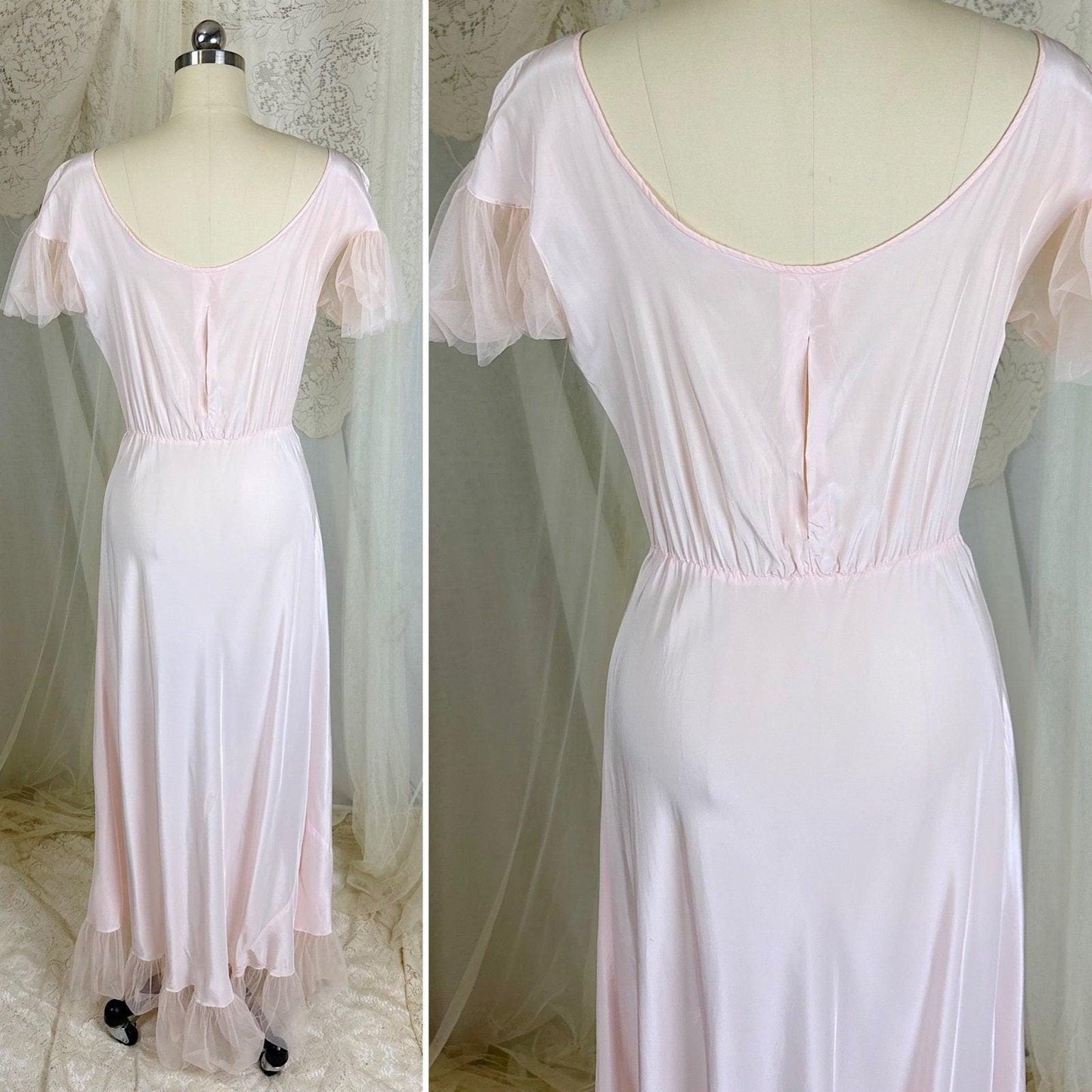 Vintage 1940's Powder Pink Rayon Nightgown with Tulle - By Textron, Size S, M - Daggers & Dames