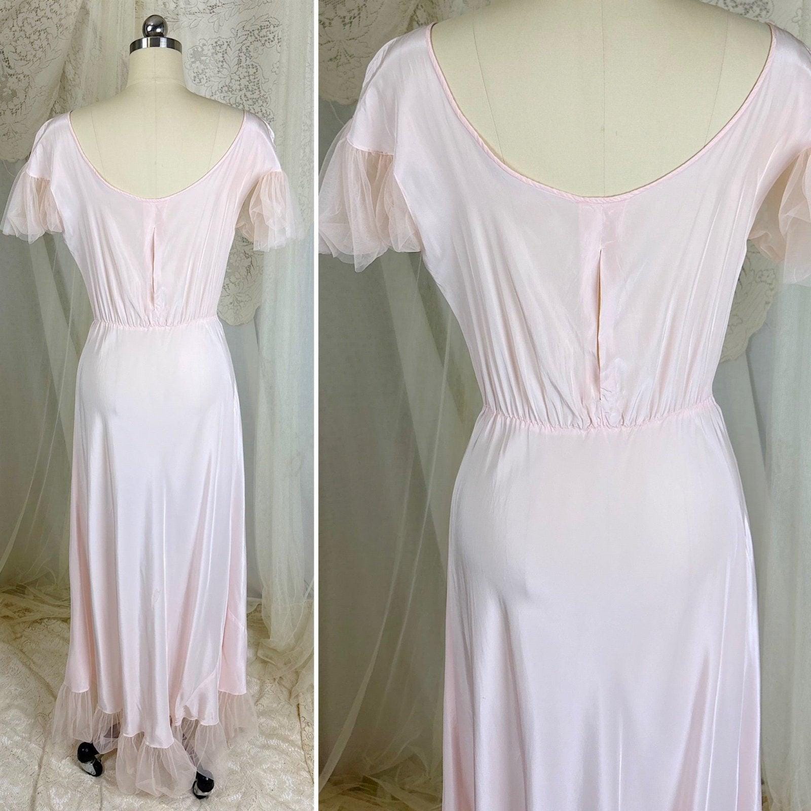 Vintage 1940's Powder Pink Rayon Nightgown with Tulle - By Textron, Size S, M - Daggers & Dames