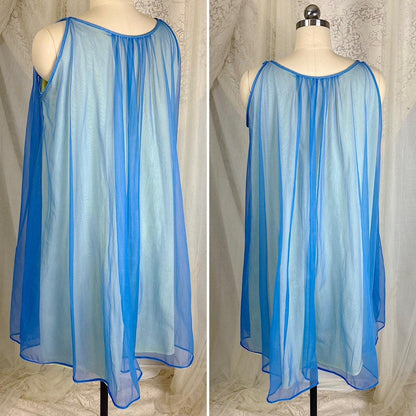 Vintage 1950's - 1960's Nightgown & Peignoir Set - Sheer Navy Blue and Custard Yellow Nylon Chiffon with Pussy Bow - By Pinehurst - Size M - Daggers & Dames
