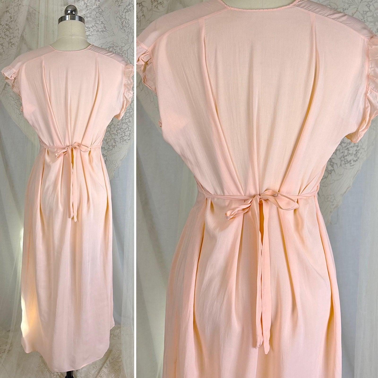 Vintage 1940's Pale Blush Pink Rayon Chiffon Nightgown with Diamond Pin Tuck Detail - Made in Hungary, Size S, M, LG - Daggers & Dames