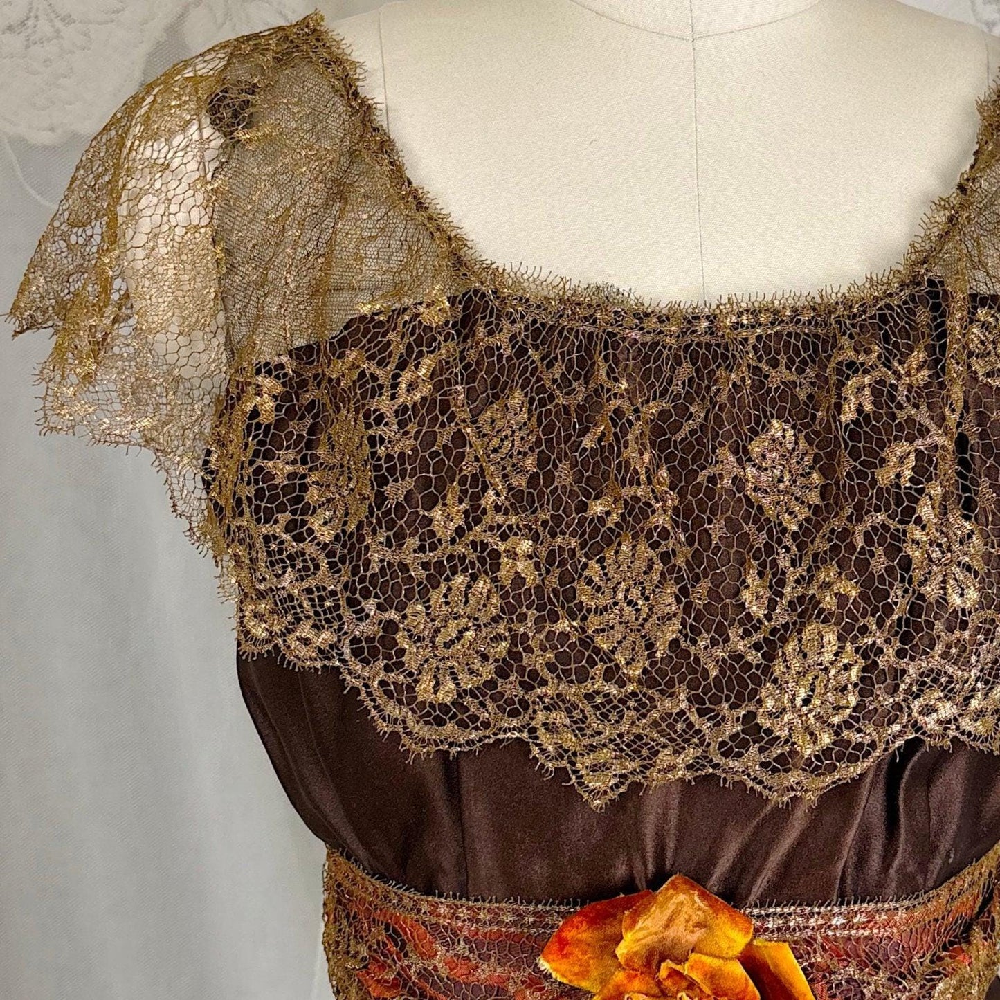 1910's Edwardian Evening Gown - Rich Mocha Brown Silk with Gold Metallic Lace & Velvet Flowers - Size XS - Daggers & Dames