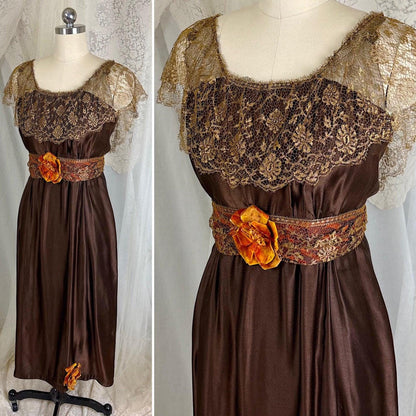 1910's Edwardian Evening Gown - Rich Mocha Brown Silk with Gold Metallic Lace & Velvet Flowers - Size XS - Daggers & Dames