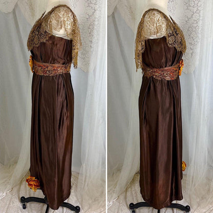 1910's Edwardian Evening Gown - Rich Mocha Brown Silk with Gold Metallic Lace & Velvet Flowers - Size XS - Daggers & Dames