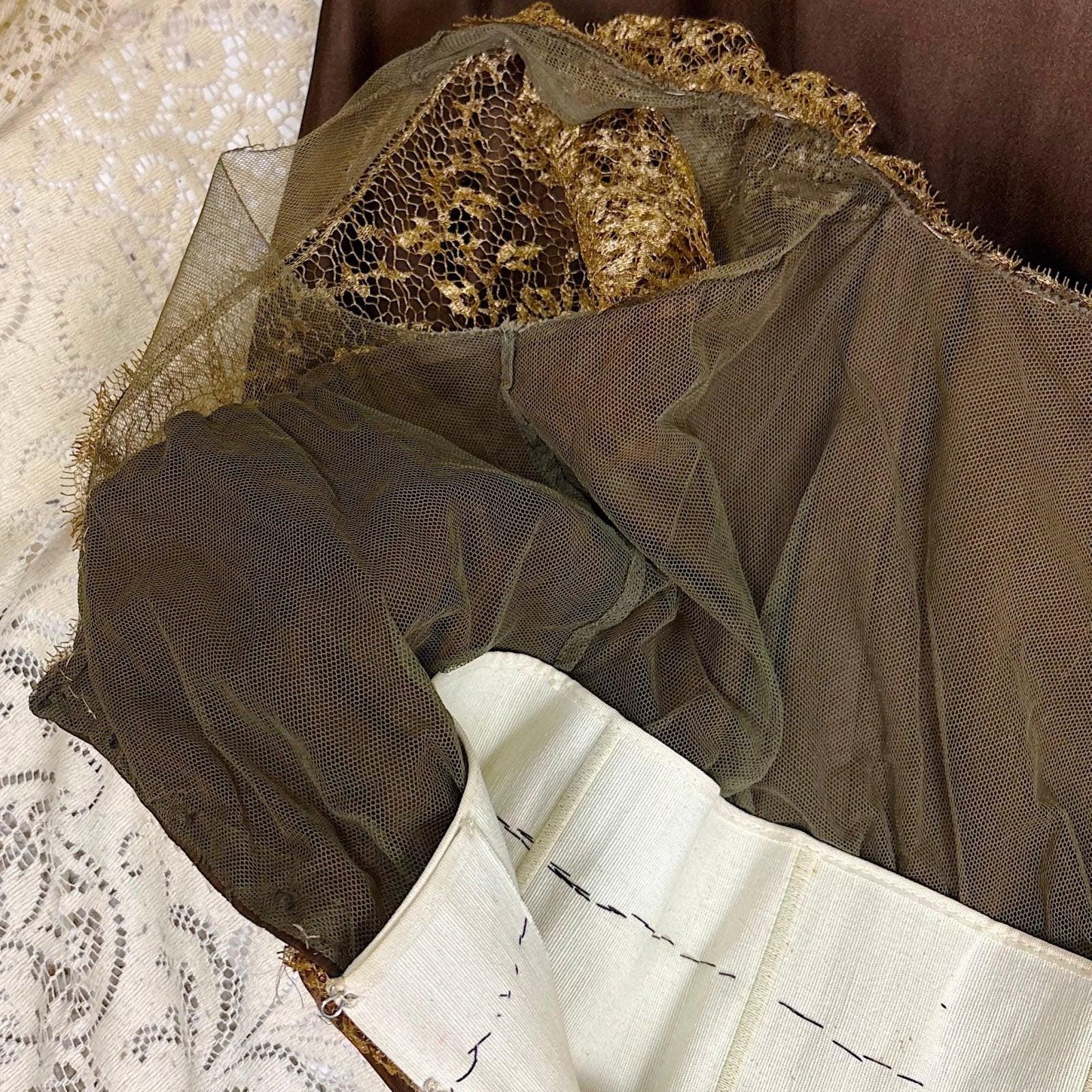 1910's Edwardian Evening Gown - Rich Mocha Brown Silk with Gold Metallic Lace & Velvet Flowers - Size XS - Daggers & Dames