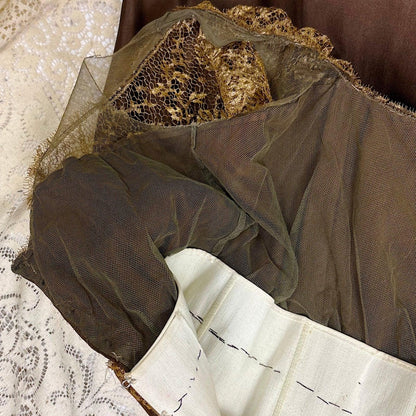 1910's Edwardian Evening Gown - Rich Mocha Brown Silk with Gold Metallic Lace & Velvet Flowers - Size XS - Daggers & Dames