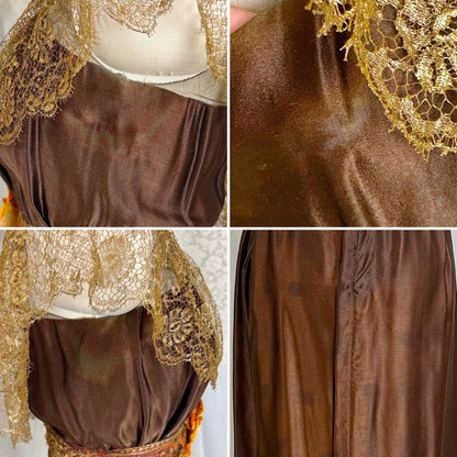 1910's Edwardian Evening Gown - Rich Mocha Brown Silk with Gold Metallic Lace & Velvet Flowers - Size XS - Daggers & Dames