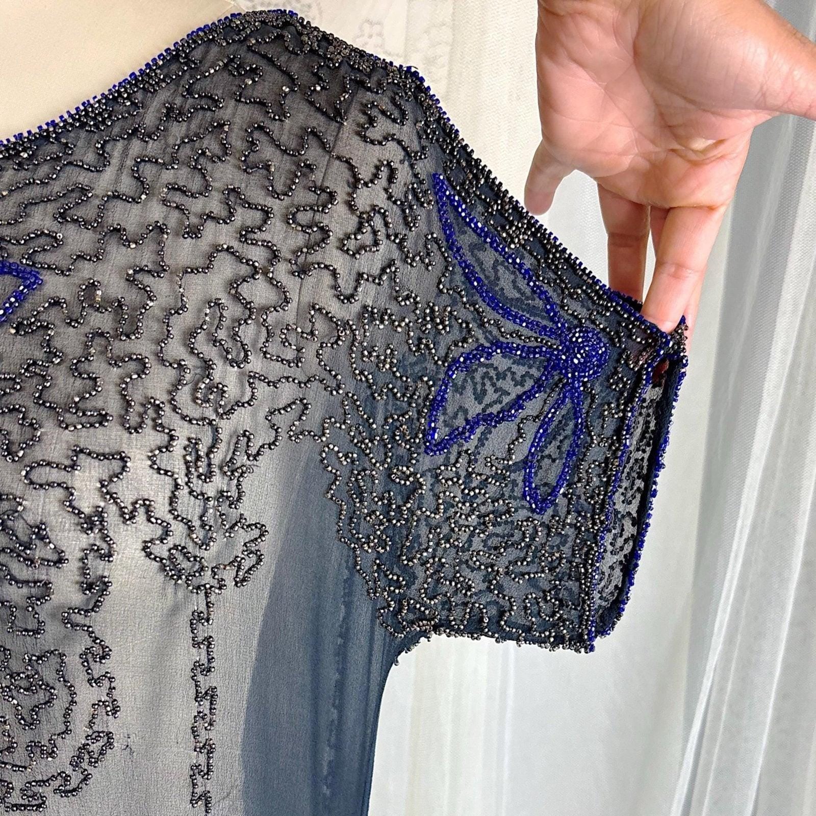 Vintage 1920's Dress - Sheer Black Silk Crepe with Heavy Glass Seed Beadwork & Split Sleeves - Size XS - Daggers & Dames